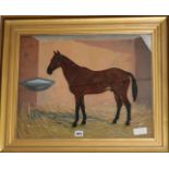 A reverse painted glass picture of a horse in a stable, by Timothy Whitby, 42.5 x 53cm