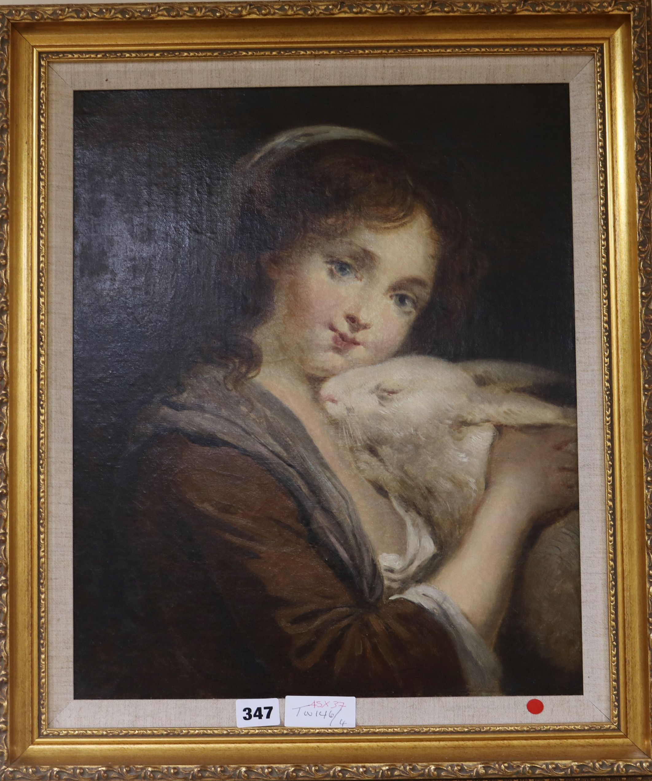English School (19th century), oil on canvas, girl with a rabbit, 45 x 37cm
