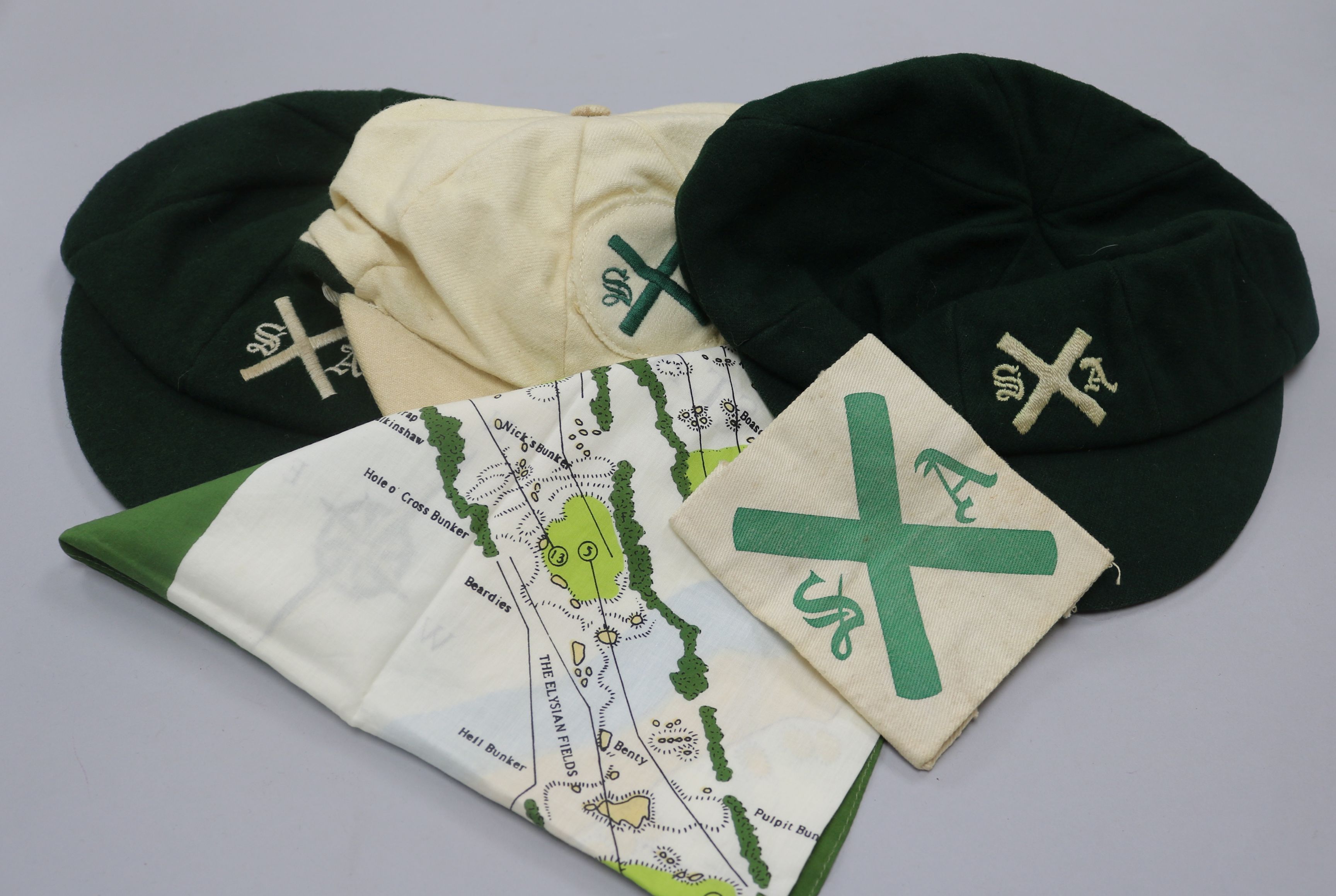 Three St Andrews caps, a scarf, etc.