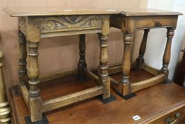 A reproduction carved oak joint stool and another similar stool, W.46cm & 43cm