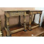 A reproduction carved oak joint stool and another similar stool, W.46cm & 43cm