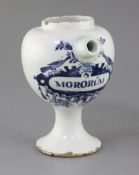 An English delftware blue and white wet drug jar, c.1690-1700, painted with the title MORORUM in a