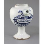 An English delftware blue and white wet drug jar, c.1690-1700, painted with the title MORORUM in a