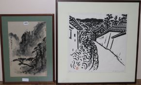 A Japanese signed print and a Chinese ink painting