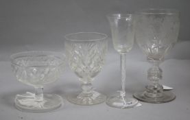 Two vine engraved glasses and two other glasses