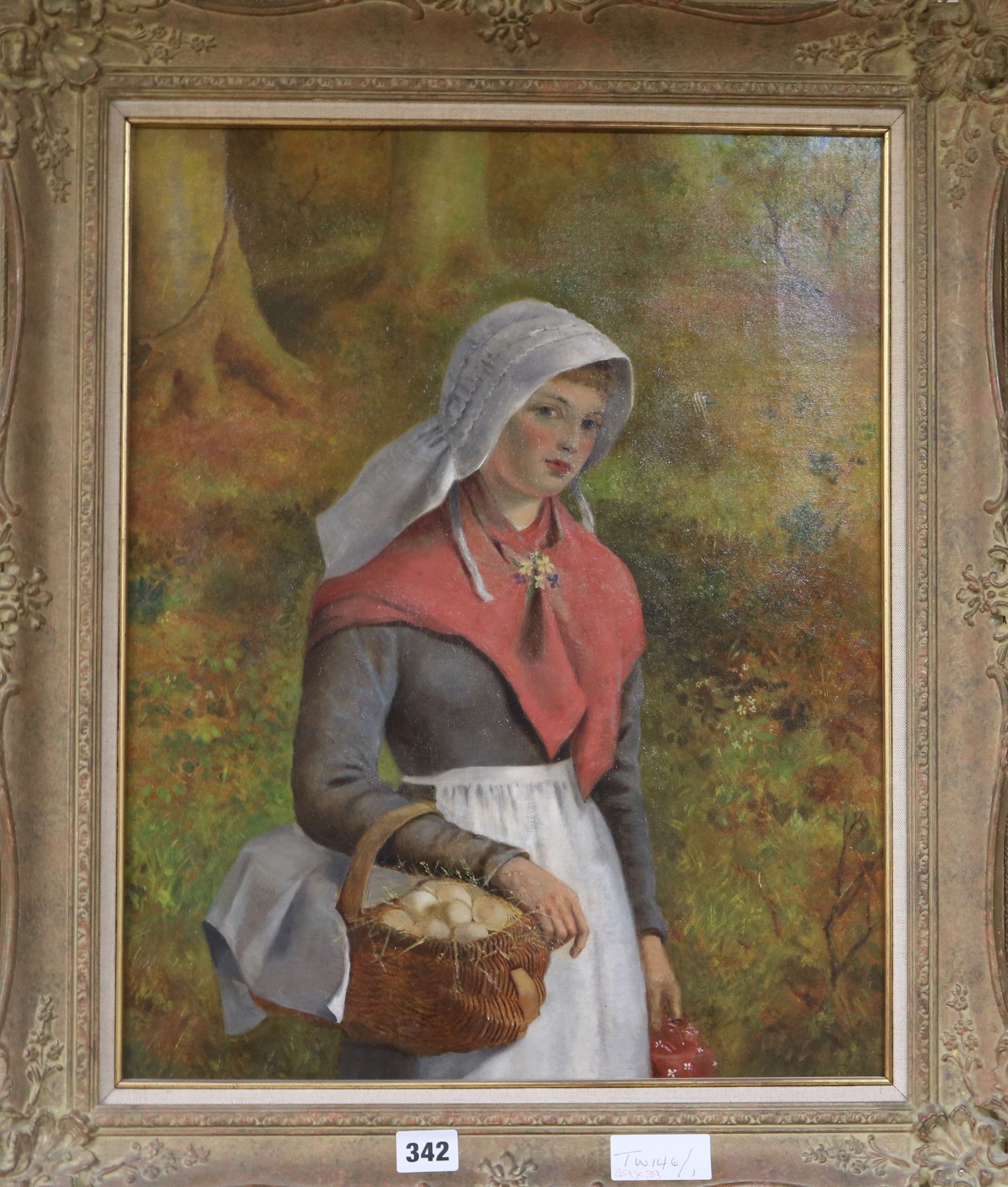 English School (19th century), oil on canvas, girl with a basket of eggs, 49 x 39cm