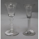 A double series opaque twist wine glass, c.1760, bell bowl and a double knopped opaque twist stem