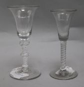 A double series opaque twist wine glass, c.1760, bell bowl and a double knopped opaque twist stem