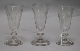 Three ale glasses, c.1740, folded foot