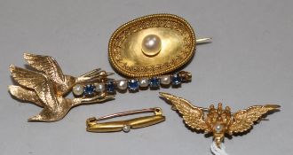 A 14ct gold flying Swans brooch, a 14ct gold seed pearl and sapphire brooch and three other gold