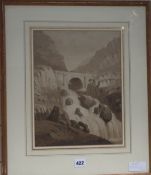 J. Flower, monochrome watercolour, Ogwen Falls, 32 x 25cm