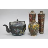 A pair of cloisonne vases, a dragon teapot and another vase