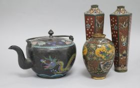 A pair of cloisonne vases, a dragon teapot and another vase