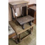 An oak coffee table, joynt stool, foot stool and a gout stool, Largest W.53cm