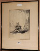 Charles Cain, etching, Buddhist monk, 12 x 9in.