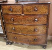 A late Victorian bowfront chest of drawers, W.111cm