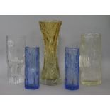 Five bark-effect clear and coloured Art glass vases