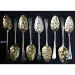 Four pairs of 19th century silver Old English pattern "berry" spoons including one by Peter, Ann &