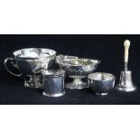 A Victorian silver bonbon basket, ivory handled table bell, two bowls and a mustard pot.