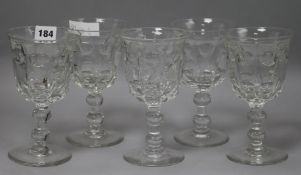 A set of five Victorian wine glasses with moulded bowls