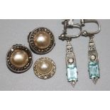 A pair of silver and paste drop earrings and a pair of paste earclips and one odd earclip