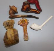 A teddy bear scent bottle, 2 meerschaum pipes and other pipes