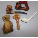 A teddy bear scent bottle, 2 meerschaum pipes and other pipes