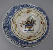 Two Chinese blue and white dishes, a Delft dish and a faience plate