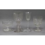Two vine engraved glasses and two other glasses