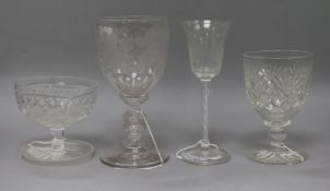 Two vine engraved glasses and two other glasses