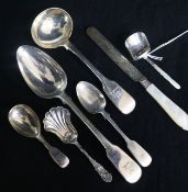 Three silver caddy spoons including one by Cocks & Bettridge, Birmingham, 1815, three other silver