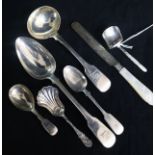 Three silver caddy spoons including one by Cocks & Bettridge, Birmingham, 1815, three other silver