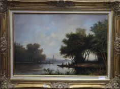 M. Jefferies, oil on panel, river landscape, 19.5 x 29.5in.