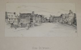 Four assorted drawings, including Epsom High Street, largest 21 x 28cm