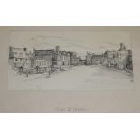 Four assorted drawings, including Epsom High Street, largest 21 x 28cm