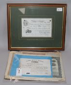 Scripophily, including a framed Bank of England five pound note, various bond and share