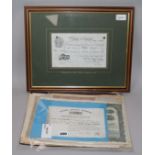 Scripophily, including a framed Bank of England five pound note, various bond and share