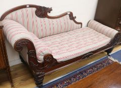 A mahogany frame upholstered chaise longue, W.90cm