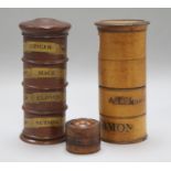 Two treen spice towers and a smaller spice box