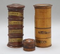 Two treen spice towers and a smaller spice box