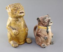Two Continental pottery jugs, modelled as seated pugs, late 19th century, the first with a