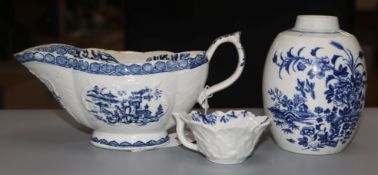 A Derby blue and white printed sauceboat, a Worcester fence pattern blue and white geranium