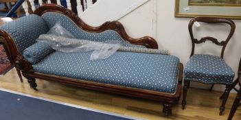 An upholstered chaise longue, a chair and roll of material L.200cm