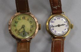 Two lady's 9ct gold manual wind wrist watches.