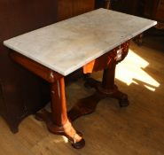 A Victorian table with marble top and two drawers, W.91cm
