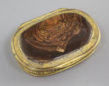 An early 19th century Continental pinchbeck and cappuccino agate snuff box, 3.5in.