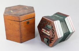 A Victorian rosewood concertina, with twenty four buttons to each side, lacking endpapers, in