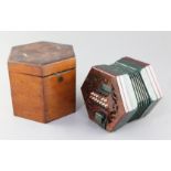 A Victorian rosewood concertina, with twenty four buttons to each side, lacking endpapers, in