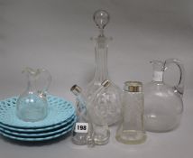 A silver mounted oil and vinegar bottle and other glassware, 4 Sowerby plates