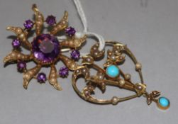 An Edwardian 15ct gold, turquoise and seed pearl heart shaped brooch and a yellow metal amethyst and